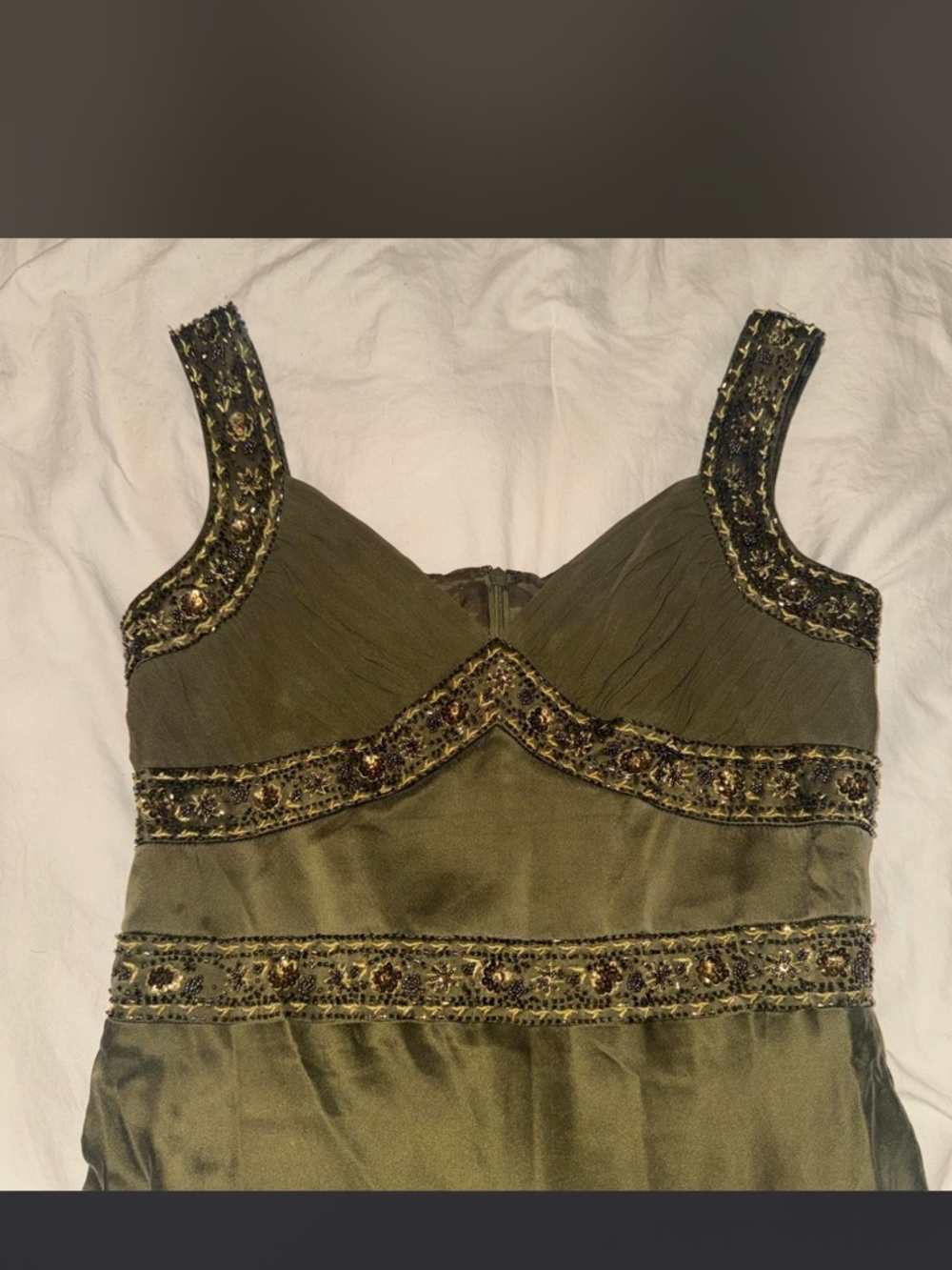 Cache Olive Green Dress with Gold Bead Accents